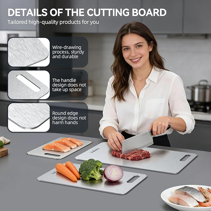 Titanium Cutting Boards, 100% Pure Titanium Kitchen Cutting Board, Double-Sided Non-Toxic Cutting Board, Ideal for Slicing and Dicing Meats, Features Handle, Dishwasher Safe,13"L*8"W - Image 5