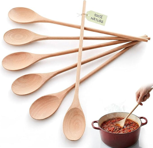 HANSGO 6PCS Wooden Spoons, 14 Inch Long Handle Cooking Spoons for Deep Pots, Wooden Utensil Set for Stirring Soups, Sauces, Stews and DIY Crafts, Sturdy & Lightweight