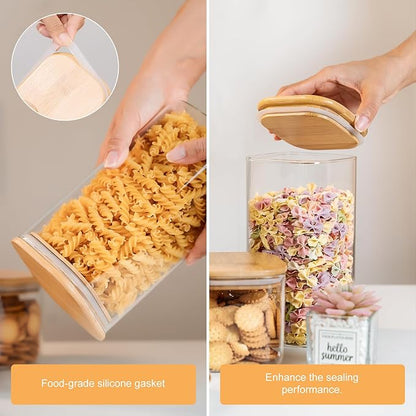 6-Pack Glass Food Storage Jars Set (3 Square + 3 Round), 37oz Airtight Clear Canisters with Bamboo Lids, Stackable Pantry Containers for Flour, Sugar, Rice, Pasta, Nuts, Candy & Spice Organization