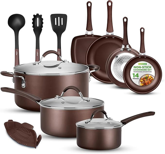 NutriChef 14-Piece Nonstick Brown Cookware Set - Scratch-Resistant Kitchen Pots and Pans with Lids & Utensils, For All Cooktops - NCCW14SBR by NutriChef%E2%84%A2Kitchen