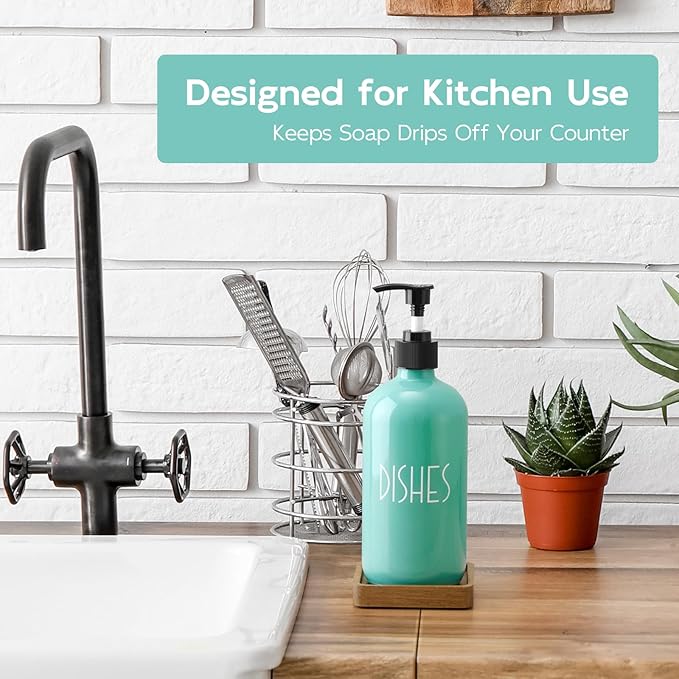 Turquoise Glass Dish Soap Dispenser with Acacia Wood Tray, 16 oz Refillable Kitchen Soap Pump Bottle, Decorative Teal Countertop Soap Dispenser Set for Kitchen, Bathroom, Restaurant - Image 2