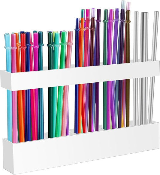 Malldii 9.5" Large Acrylic Straw Holder for Cabinet Door - Reusable Tumbler Straw Organizer Storage, Small Kitchen Accessories Container, Ultra Sticky Cupboard Door Mounted (White) by Malldii