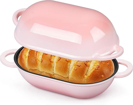 Homikit Enameled Cast Iron Dutch Oven for Bread Baking, 2.8 QT Oval Bread Oven Pot with Lid, 9.5 x 5.7 Inch Sourdough Loaf Baking Pan for Homemade Bread, Heavy Duty & Oven Safe, Pink