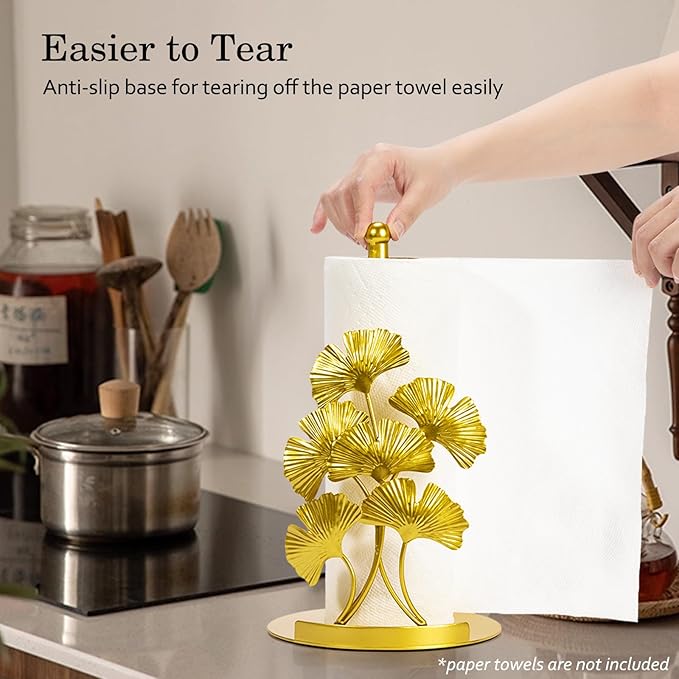 Vintage Gold Ginkgo Paper Towel Holder Countertop - Gold Kitchen Decor and Accessories, Luxury Housewarming Gifts for Women, 3D Ornate Leaf Textured, Retro Design Home Decor, Weighted Base & Felt Pad - Image 6