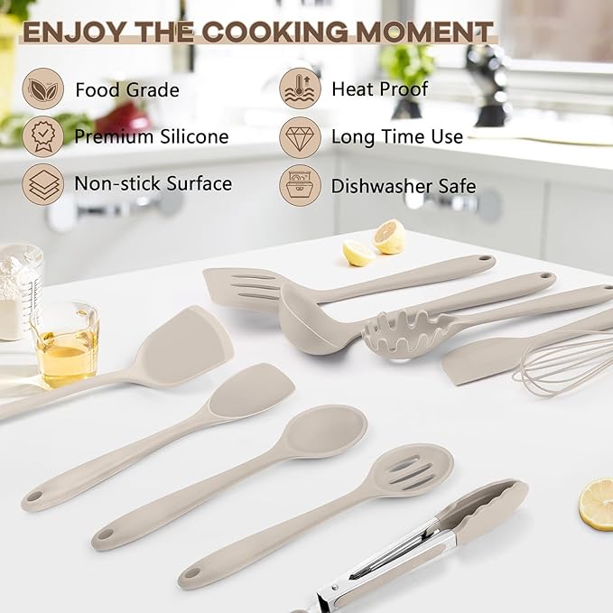 TeamFar Kitchen Cooking Utensils, 10 pcs Silicone Cooking Utensils Set, 446°F Heat Resistant Kitchen Gadgets Tools Set w/Spatula, Turners, Spoons, Soup Ladle, Pasta Server for Nonstick Cookware, Khaki - Image 7