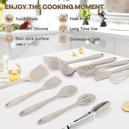 TeamFar Kitchen Cooking Utensils, 10 pcs Silicone Cooking Utensils Set, 446°F Heat Resistant Kitchen Gadgets Tools Set w/Spatula, Turners, Spoons, Soup Ladle, Pasta Server for Nonstick Cookware, Khaki - Image 7