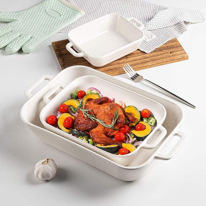 Sweejar Relief Casserole Dishes for Oven, Ceramic 9x13 Baking Pans Set for Cooking, Cake, Banquet and Daily Use, Rectangular Bakeware Set, Porcelain Baking Dish, Lasagna Pan Deep with Handles(White) - Image 2