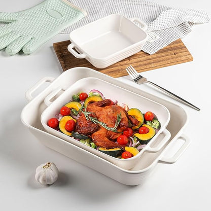 Sweejar Relief Casserole Dishes for Oven, Ceramic 9x13 Baking Pans Set for Cooking, Cake, Banquet and Daily Use, Rectangular Bakeware Set, Porcelain Baking Dish, Lasagna Pan Deep with Handles(White) - Image 2