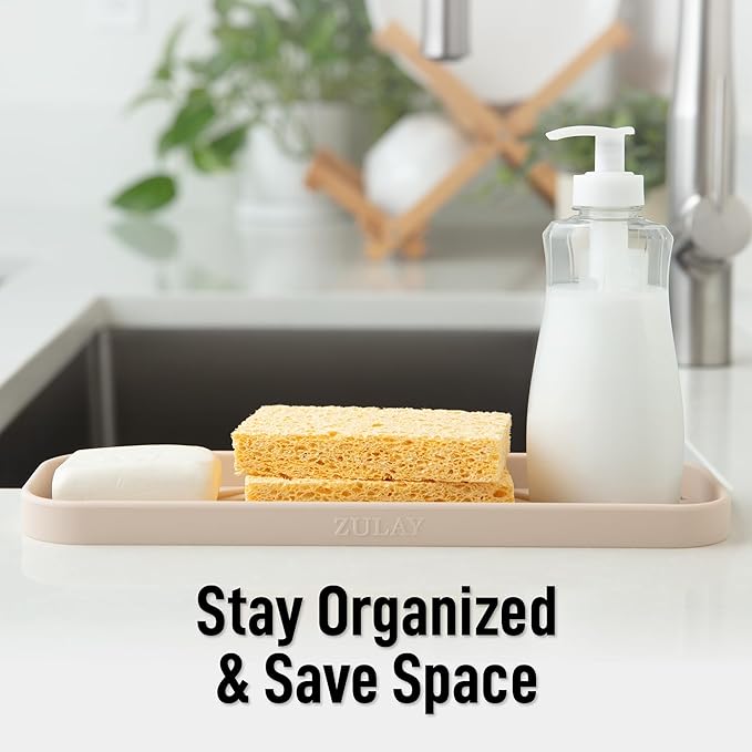 Zulay Kitchen Large Silicone Sponge Holder (12x4) – Flexible Sink Organizer Tray for Kitchen & Bathroom – Multipurpose Soap Dish for Sponges, Makeup, Trinkets & More (Ivory) - Image 6