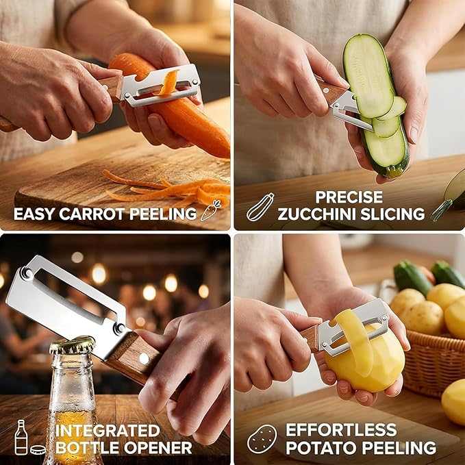 2 Pack Multifunctional Vegetable Peeler, 2-in-1 Kitchen Peeler with Bottle Opener, Wooden Handle & Stainless Steel Blade, for Potato, Carrot, Fruit, Pumpkin,sugar cane, Papaya & More - Image 7