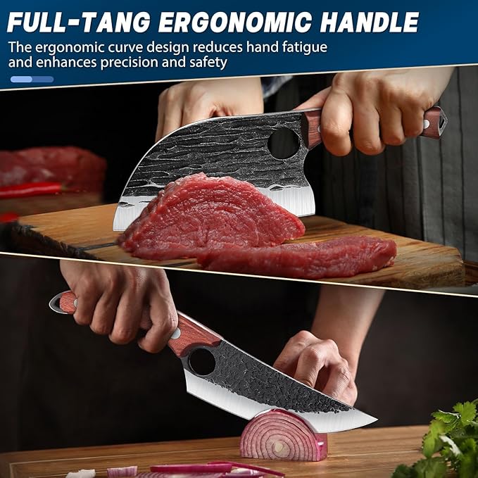 TAN REN 3PCS Butcher Knife Set for Meat Cutting, Hand Forged Meat Cleaver Knives with Wood Handle, Grilling Knife Set for Men