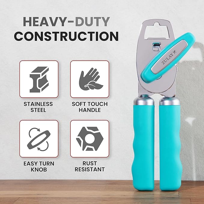 Zulay Kitchen Heavy Duty Stainless Steel Can Opener Manual with Bottle Opener - Rust Proof Manual Can Opener With Turn Knob & Comfy Soft Grip Handles - Turquoise - Image 3