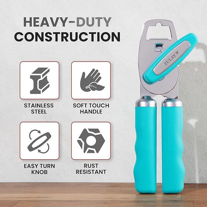 Zulay Kitchen Heavy Duty Stainless Steel Can Opener Manual with Bottle Opener - Rust Proof Manual Can Opener With Turn Knob & Comfy Soft Grip Handles - Turquoise - Image 3
