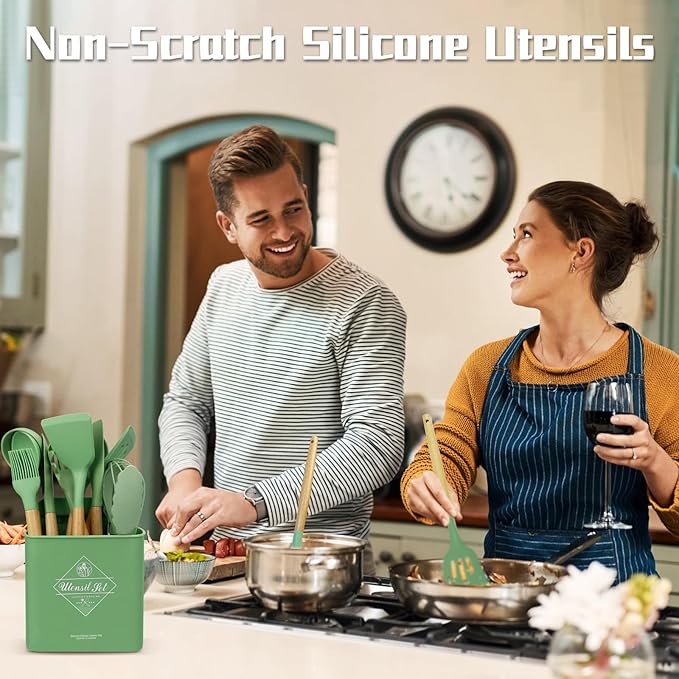 MYKUJA Silicone Cooking Utensils Set, Heat Resistant Kitchen Utensils Set, Spatula,Turner Tongs,Spoon,Brush,Whisk, Cooking Kitchen Utensils Spatula Set, Nonstick Cookware（sage green）
