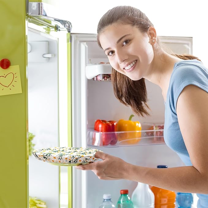 Patelai 10 Pcs Bowl Covers Reusable in 5 Size Stretch Cloth Fabric Elastic Food Storage Bowl Covers Bread Sourdough Lids for Proofing Food Fruits Leftover(Yellow, Green, White,Chrysanthemum) - Image 3