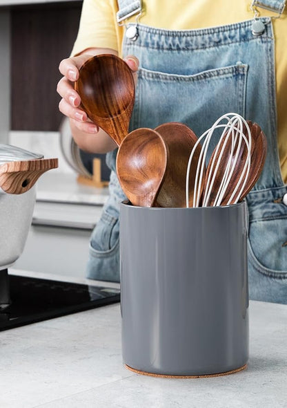 Nucookery Utensil Holder, 6.4" Ceramic Kitchen Utensil Holder for Countertop with Protection Cork Bottom, Vintage Farmhouse Kitchen Decor for Counter (Gray) - Image 6