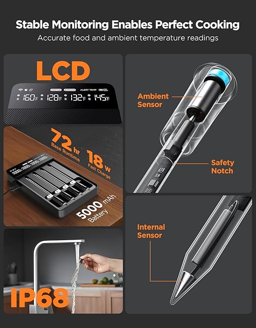 GoveeLife Bluetooth Wireless Meat Thermometer with 4 Probes, WiFi Unlimited Range, ±1.8℉ Accuracy, IP68 Waterproof Real Time Monitoring Digital Food Thermometer for Kitchen, BBQ, Grill, Oven, Smoker - Image 3