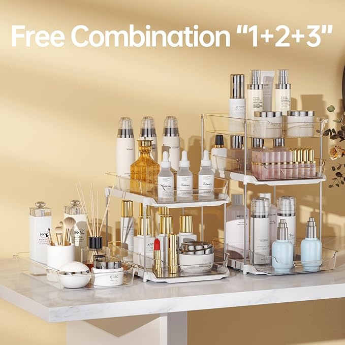 Delamu 2 Sets of 3-Tier Bathroom Under Sink Organizers and Storage, Multi-Purpose Stackable Pantry Organization and Storage, Pull Out Clear Kitchen Bathroom Cabinet Organizer with Movable Dividers | Storage, Multi-Purpose, Stackable, Pantry Organizatio... - Image 5