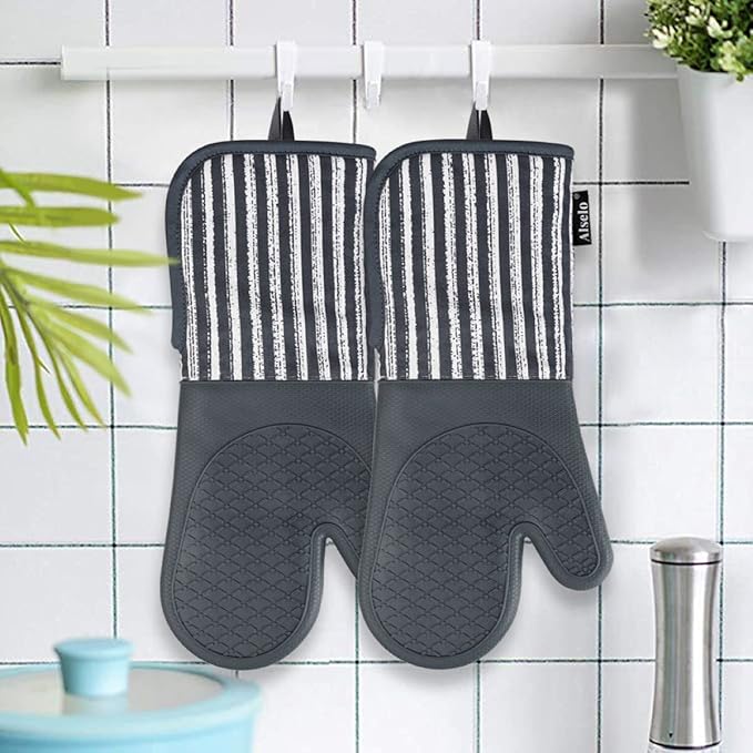 Alselo Silicone Oven Mitts Heat Resistant 932℉ with Waterproof & Non-Slip Kitchen Mittens, Set of 2 Extra Long Oven Gloves with Soft Cotton Terry Lining for Baking Cooking Barbecue - Image 7