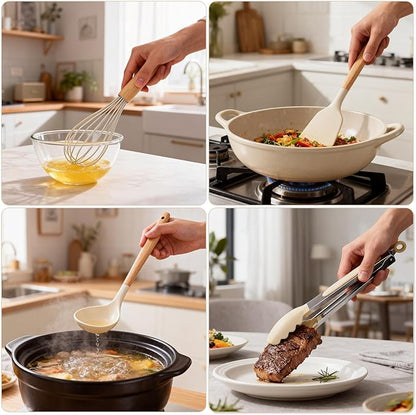 Silicone Cooking Utensil Set,12 PCS Cooking Cookware Kitchen Utensils Set for Cooking, Nonstick 446°F Heat-Resistant Cookware Kitchen Tools of Spoon,Brush,Whisk,Spatula,Turner Tongs (Khaki) - Image 8