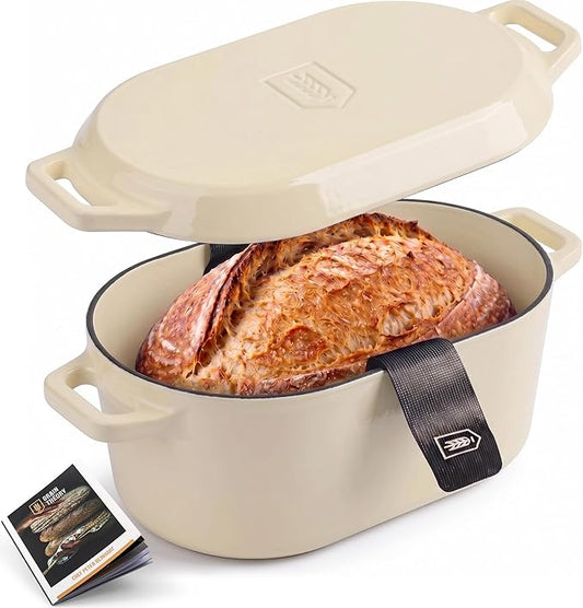 Kook Dutch Oven, For Sourdough Baking, Dual Handles, Enameled Cast Iron, includes Silicone Mat and Sourdough Guide, Dishwasher Safe, Oven safe 500F, 5 Qt, (Ivory) by Kook