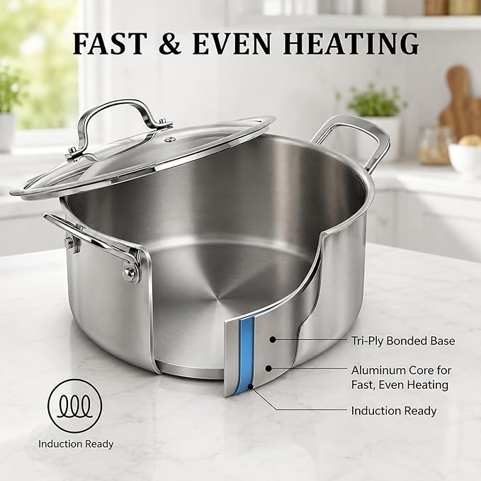 WANGYUANJI 7.3 QT Stainless Steel Stock Pot with Glass Lid, 11 Inch 18/10 Soup Pot with Tri-Ply Bonded Base, Induction & Oven Safe Large Cooking Pot for Pasta, Stew & Seafood Boil
