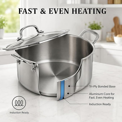 WANGYUANJI 7.3 QT Stainless Steel Stock Pot with Glass Lid, 11 Inch 18/10 Soup Pot with Tri-Ply Bonded Base, Induction & Oven Safe Large Cooking Pot for Pasta, Stew & Seafood Boil