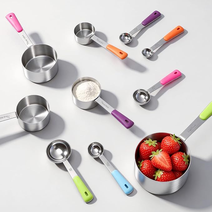 Bopei Measuring Cups and Spoons Set Stainless Steel 10 Piece for Cooking and Baking (5 Cups + 5 Spoons, Colorful Handles) - Image 6