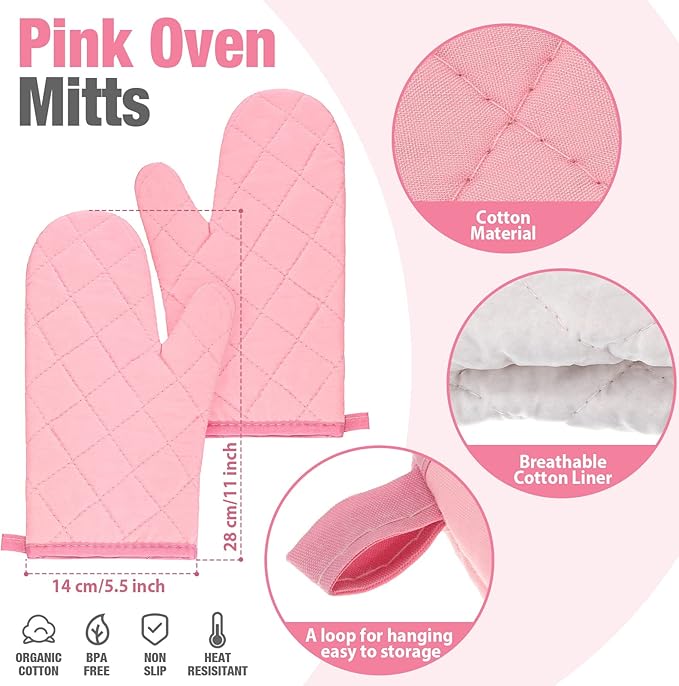 Sumind Pink Oven Mitts and Pot Holders 7 Sets, Heat Resistant Kitchen Gloves Pads Potholders for Mother Women Gifts Pot Holders Kitchen Accessories Gift(Pink White,Cotton,Plaid) - Image 2