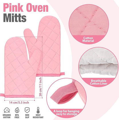 Sumind Pink Oven Mitts and Pot Holders 7 Sets, Heat Resistant Kitchen Gloves Pads Potholders for Mother Women Gifts Pot Holders Kitchen Accessories Gift(Pink White,Cotton,Plaid) - Image 2