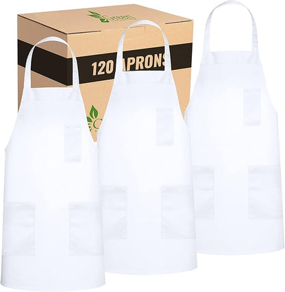 GREEN LIFESTYLE 120 Pack Chef Apron with Pockets – Grilling Aprons for Men, Waterproof Cooking Apron for BBQ, Work or Restaurant Use, Kitchen Aprons for Women with Pockets – White by GreenLifeStyle