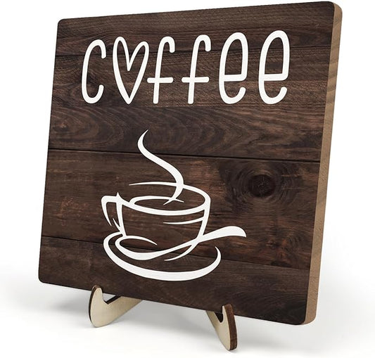 Coffee Bar Sign Plaque Decor,Coffee Bar Accessories,Rustic Wooden Tabletop Plaque with Stand, Minimalist Farmhouse Kitchen Counter Sign,Cute Mini Café Bar Decor Gift (Brown2, 5.9x5.9inches) by DMADNF