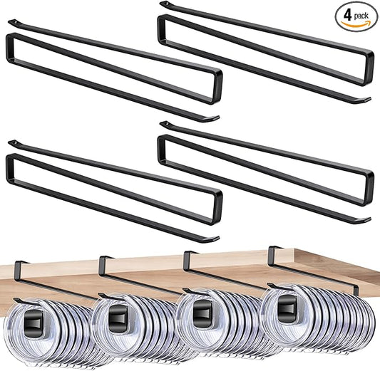 4 Pack Tumbler Lid Organizer, Cup Lid Holder Holds 12 Lids Each Under Cabinet, Space Saving Hook for Kitchen Storage and Coffee Cups, No Drilling, Carbon Steel, Black