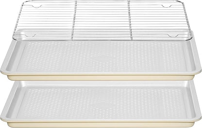 Nonstick Ceramic Baking Sheet With Rack, 2-Pack Half Sheet Pan, Non-Toxic, PTFE & PFOA Free, Warp-Free, Oven Safe 550°F, Dishwasher Safe, Aluminized Steel, Gray Yellow