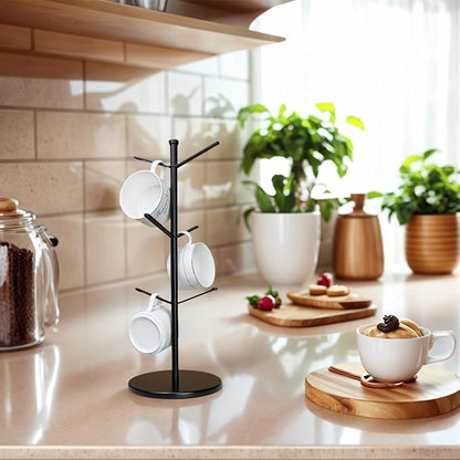 Premium Mug Tree, 6 Hooks Upgraded Stable Metal Mug Holder, Bamboo Base Coffee Mug Cup Rack for Counter Top, Mug Display, Home Storage and Cup Organizer, Black - Image 5