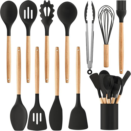 Silicone Cooking Utensil Set,12 PCS Cooking Cookware Kitchen Utensils Set for Cooking, Nonstick 446°F Heat-Resistant Cookware Kitchen Tools of Spoon,Brush,Whisk,Spatula,Turner Tongs (Black) by Unknown