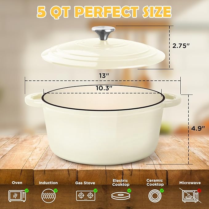 Enameled Cast Iron Dutch Oven Pot with Lid, Incl. Sourdough Bread Baking Supplies Like Banneton Bread Proofing Basket, Starter Jar, Bread Lame, 5QT Dutch Oven for Bread Baking, Oven Safe up to 500°F - Image 3