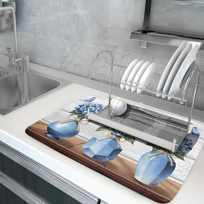Giwawa Blue Hydrangea Dish Drying Mat for Kitchen Vintage Wood Board Floral Butterfly Dish Drainer Mats 18x24inch Rustic Flowers Dish Drying Rack Pad Protector for Countertop Dining Decor