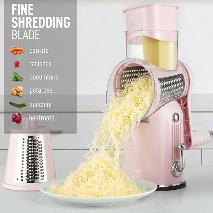 Zulay Kitchen Rotary Cheese Grater 5 Blade Cheese Shredder - Manual Hand Crank Cheese Grater With Reinforced Suction & 5 Interchangeable Drums - Easy to Use, Vegetable Chopper Round Mandoline Slicer - Image 6