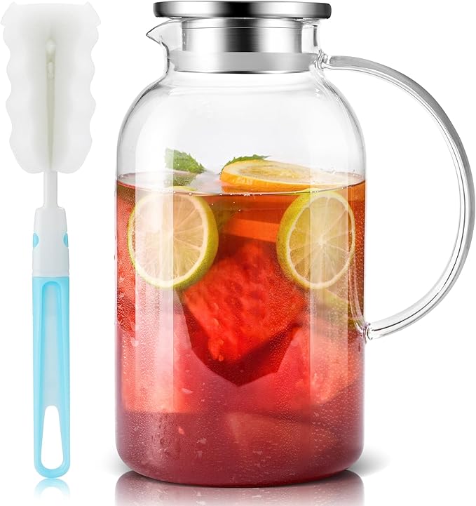 SUSTEAS 2.2 Liter 75oz Glass Pitcher with Lid, Easy Clean Heat Resistant Glass Water Carafe with Handle for Hot/Cold Beverages - Water, Cold Brew, Iced Tea & Juice, 1 Long-Handled Brush Included by SUSTEAS