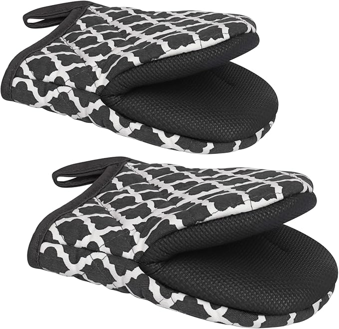1 Pair Short Oven Mitts - Silicone Kitchen Oven Gloves High Heat Resistant 500℉, Mini Oven Mits with Non-Slip Grip Surfaces and Hanging Loop for BBQ, Baking, Cooking and Grilling (Dark Gray) by Qulable