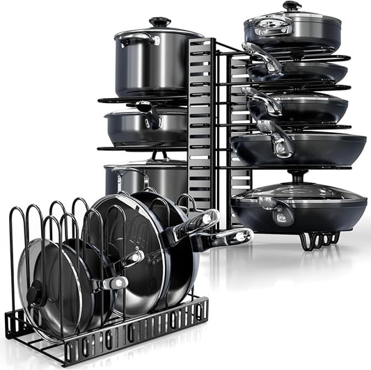 Pots and Pans Organizer Under Cabinet - 8-Tier Adjustable Pan Organizer Rack for Cabinet - Heavy-Duty Pot & Pan Organizer - Perfect to Store Pots, Pans, Lids - Easy Kitchen Organization and Storage by KOMFORA