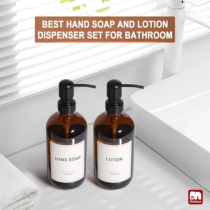 GMISUN Amber Glass Soap Dispenser, 2 Pack Bathroom Hand Soap Dispensers with Stainless Steel Pump, 17 Fl Oz Kitchen Hand and Dish Soap Dispenser Set, Modern Vintage Liquid Brown Soap Dispensers Bottle - Image 6