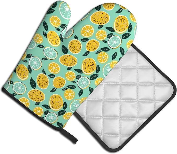 Lemon Pot Holders and Oven Mitts - Summer Teal Lime Refreshing Oven Glove Hot Pads for Kitchen Chef Gifts for Cooking Lover Cooks - Image 2