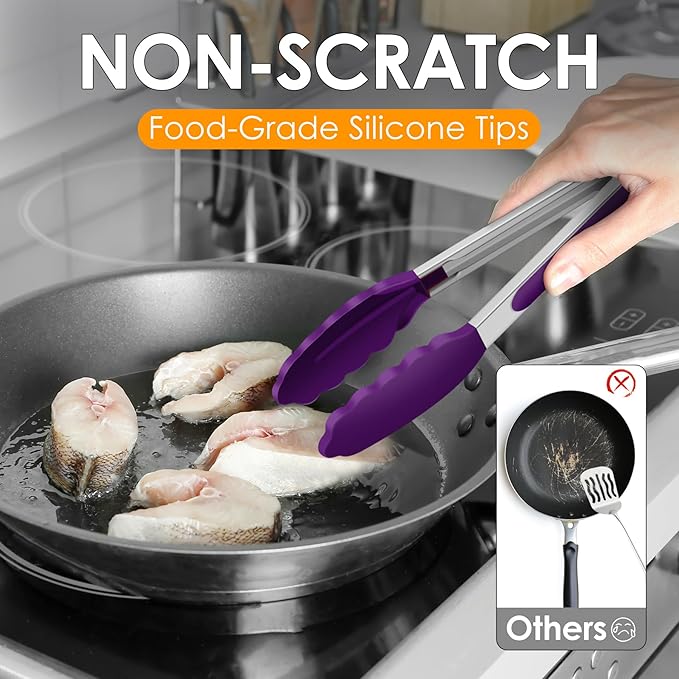 HOTEC Premium Stainless Steel Locking Kitchen Tongs with Silicon Tips, Set of 2-9" and 12" (Purple) - Image 3