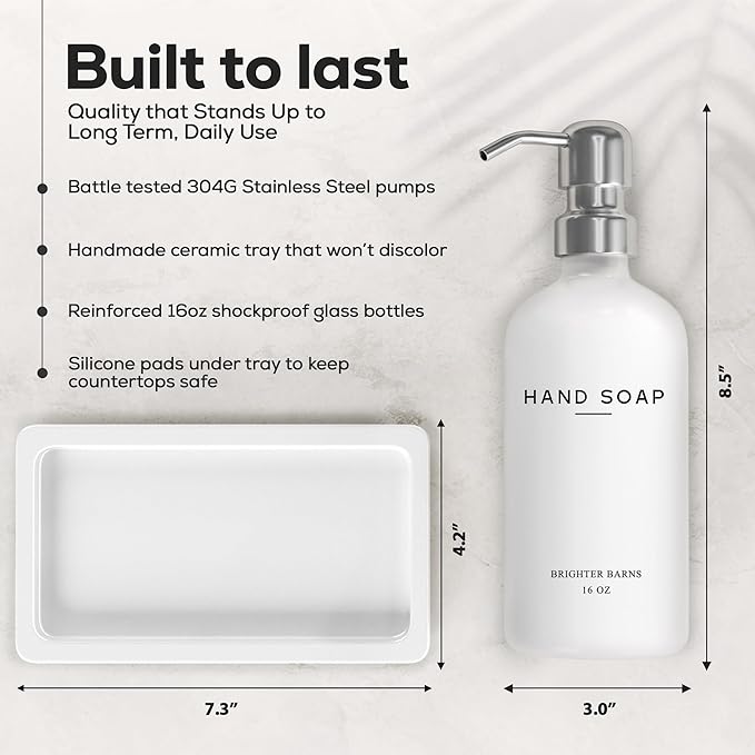 White Glass Soap and Lotion Dispenser Set by Brighter Barns - Bathroom Soap Dispenser Set Tray - Liquid Hand Soap Dispenser Pump - Modern Bathroom Accessories for Guest, Hotel, Spa, Restaurant (White) - Image 3