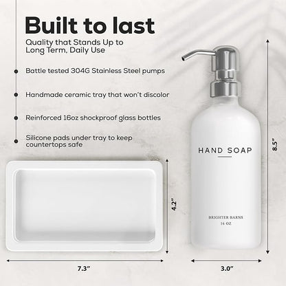 White Glass Soap and Lotion Dispenser Set by Brighter Barns - Bathroom Soap Dispenser Set Tray - Liquid Hand Soap Dispenser Pump - Modern Bathroom Accessories for Guest, Hotel, Spa, Restaurant (White) - Image 3