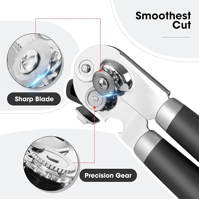 Beneno Heavy Duty Hand Can Opener Manual with Magnet, Durable Sharp Carbon Steel Blade Smooth Cutting, Big Effort-Saving Knob & Soft Grip Handle, Multifunctional Kitchen Tool with Bottle Opener, Black - Image 3