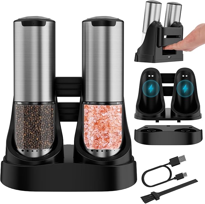 Electric Salt and Pepper Grinder Set Type-C Fast Charging, Automatic Salt and Pepper Shakers Adjustable Coarseness, Stainless Steel Rechargeable Salt and Pepper Grinder with LED Light by ModernKitchenLifestyle