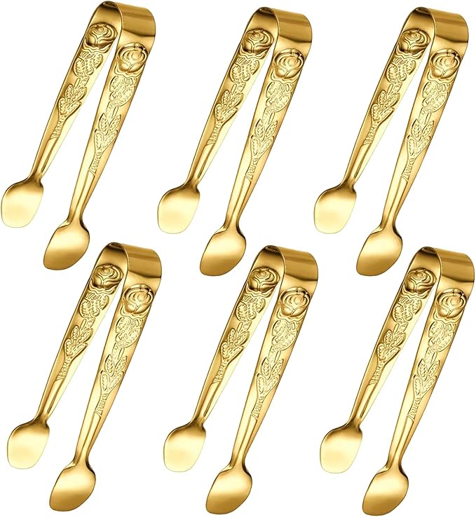 6PCS Mini Serving Tongs, 4Inch Rose Stainless Steel Sugar Cube Tong, Sliver Small Ice Tongs for Tea and Coffee Party, Appetizers, Desserts by Sunenlyst (6PCS Gold) by Sunenlyst